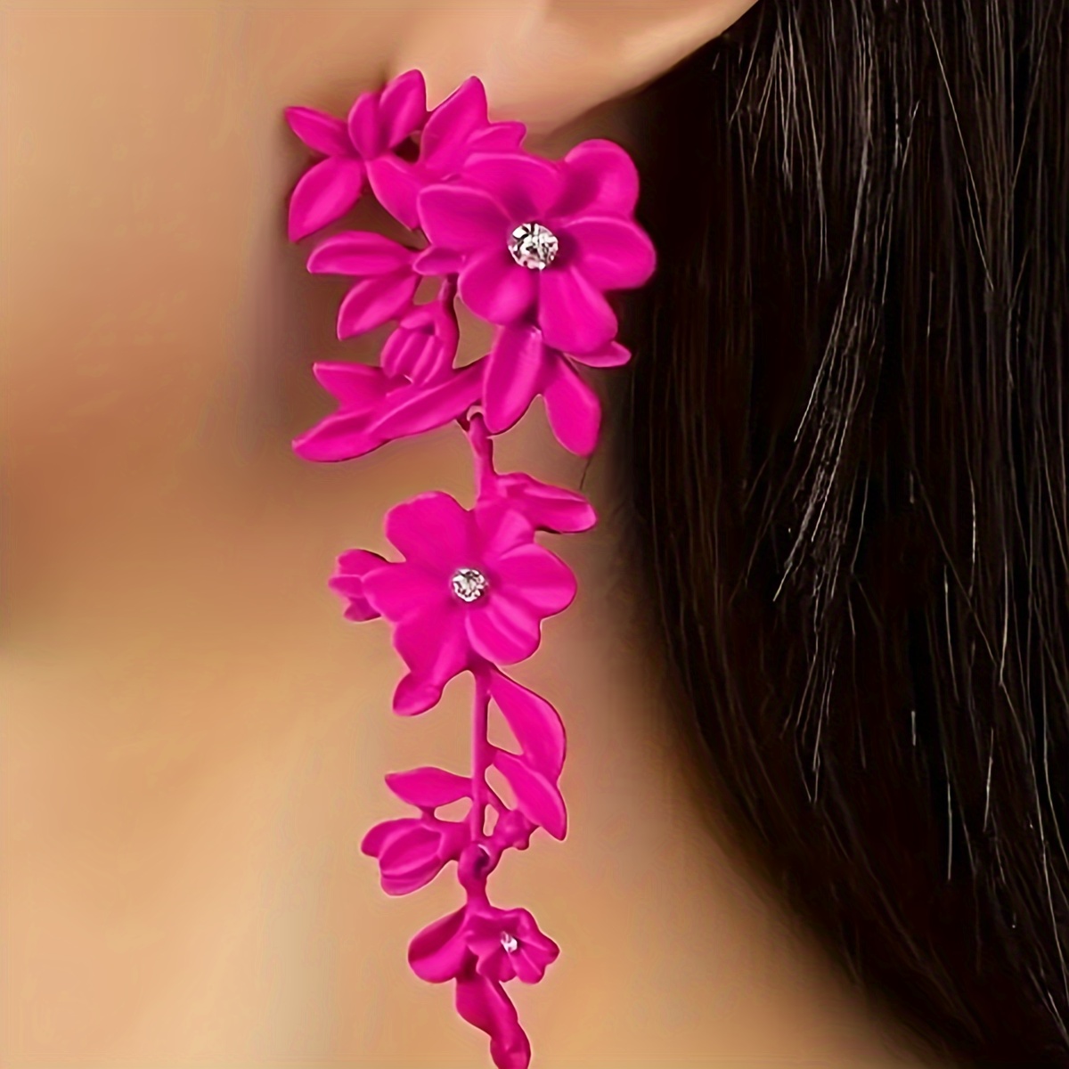 Pink Floral Dangle Earrings with Rhinestone Accents